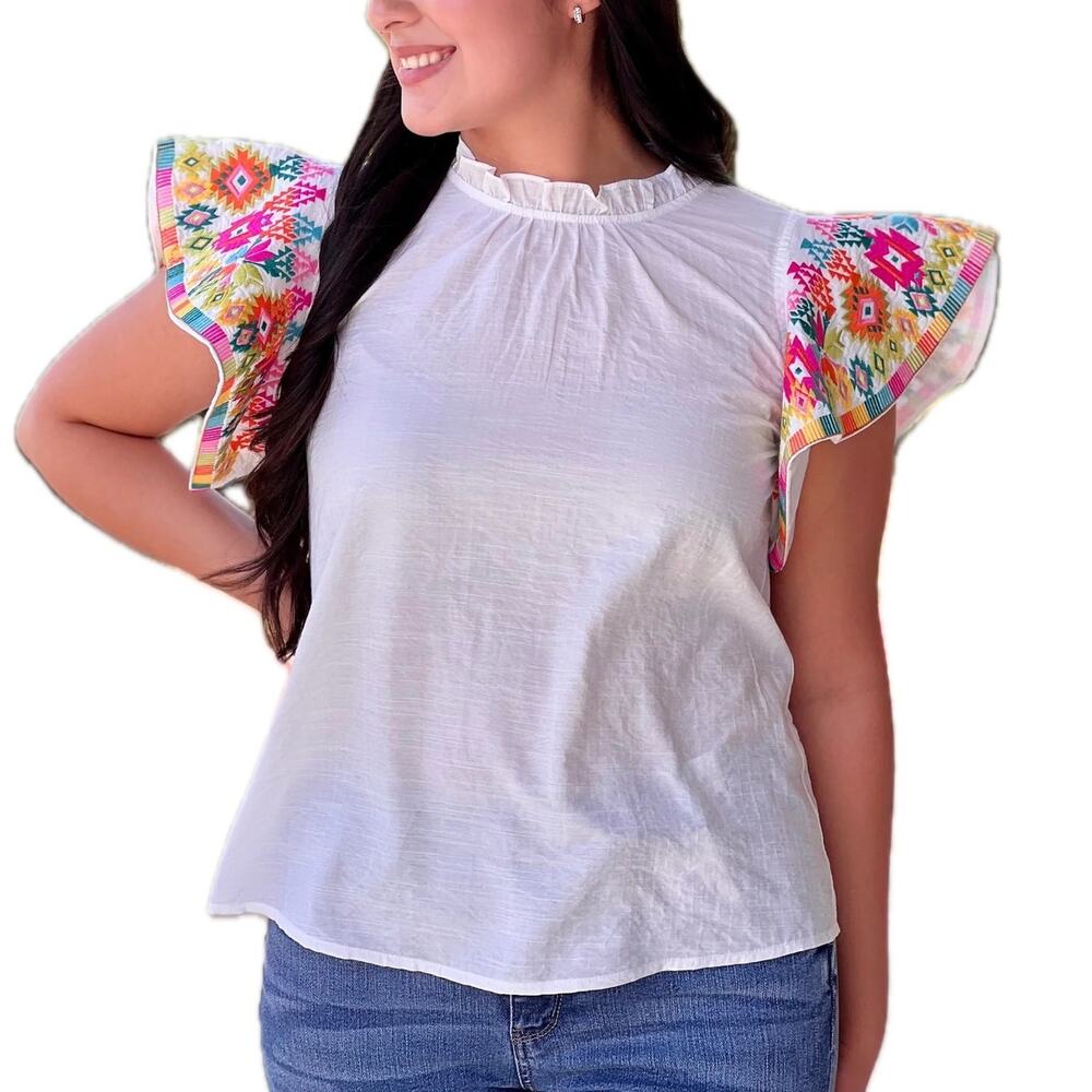Women's Boho Boutique THML White Vibrant Embroidered Flutter Sleeve Top